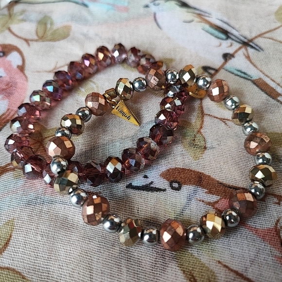 Erimish Pair of Faceted Crystal Stretch Bracelets Brown Purple Hue Copper Silver - Picture 2 of 7